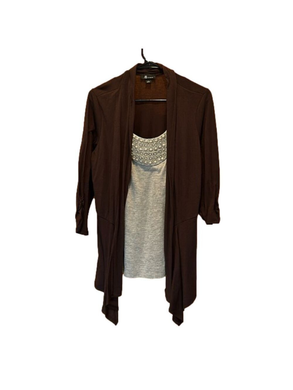 AB Studio 2 in 1 Brown Cardigan and Grey Beaded Scoop Neck 3/4 Ruched Sleeve - L